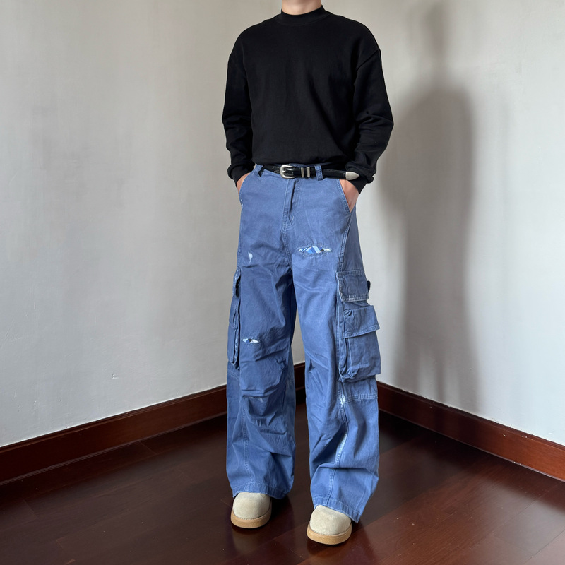 Blackat American Retro Ripped Patch Cargo Work Pants Unisex Distressed Straight Loose Long Pants