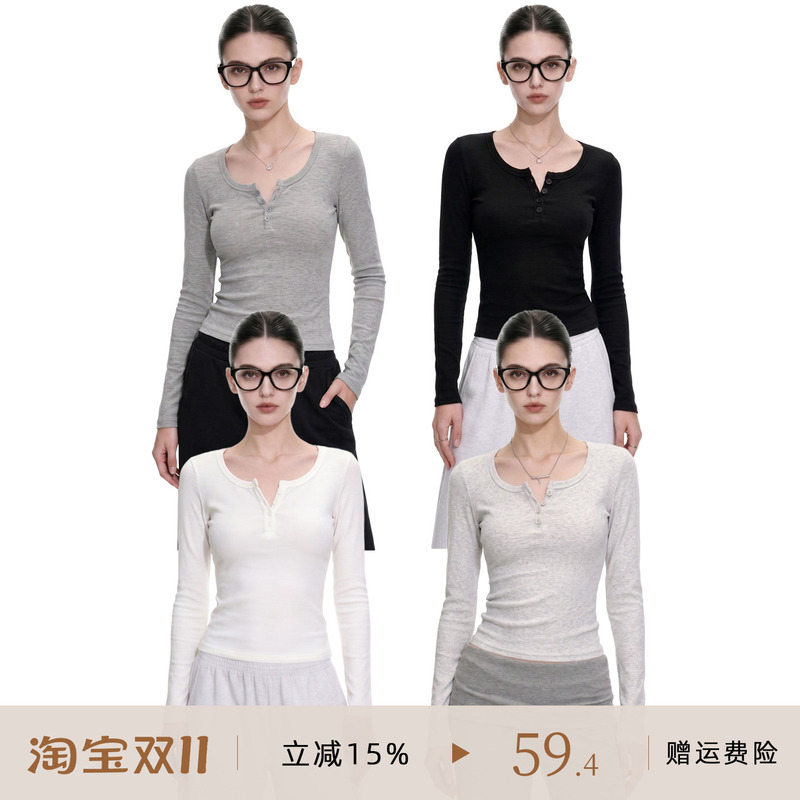 Apsier Henry Collar Large U-Neck Base Shirt for Women, Autumn Long-Sleeve Regular Shoulder Slim-Fit Slimming Inner Knit Top T-Shirt Apsier Henry Collar Large U-Neck Base Shirt for Women, Autumn Long-Sleeve Regular Shoulder Slim-Fit Slimming Inner Knit Top T-Shirt
