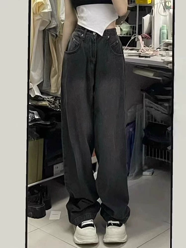 Джинсы, штаны, свободный прямой крой, высокая талия, большой размер