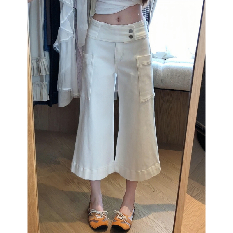 Flared Cropped Pants for Women, Summer Thin Style, Plus Size, Loose Fit, White Denim, Eight-Point Pants, Stylish Design, Petite Mid-Length Pants Flared Cropped Pants for Women, Summer Thin Style, Plus Size, Loose Fit, White Denim, Eight-Point Pants, Stylish Design, Petite Mid-Length Pants