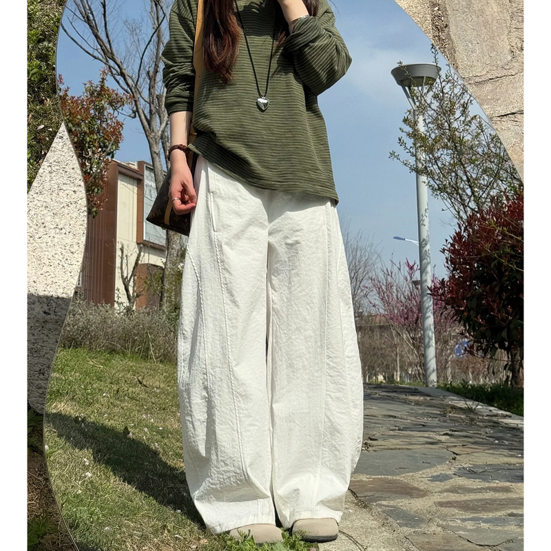 Korean-Style Relaxed Fit Curved Pants for Women, Summer Thin Pear-Shaped Loose Pants, Large Size White Wide-Leg Casual Pants