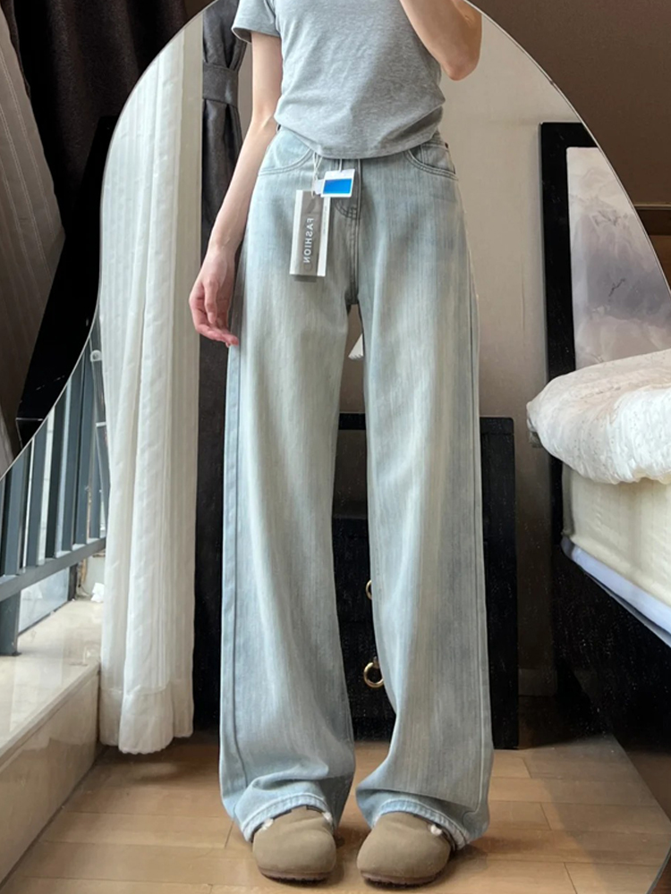 浅色牛仔裤女夏季薄款大码胖mm高腰显瘦宽松直筒裤肌理感阔腿裤子