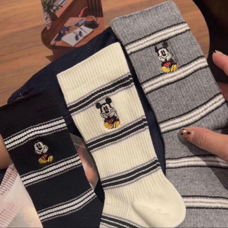 Korean Dongdaemun Style Socks with Mickey Embroidery, Striped Mid-Calf Socks for Women, Spring and Summer Versatile College Style Slouch Socks