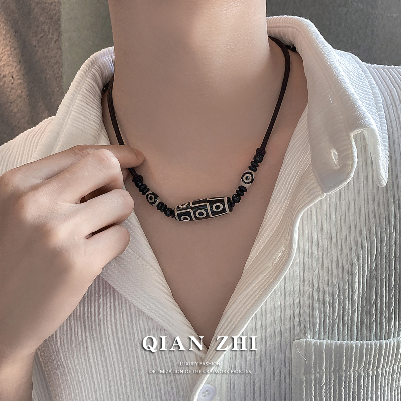 Tibetan Nine-Eyed Dzi Bead Necklace for Men, Trendy and High-End, Versatile Black Cord Men's Clavicle Chain for Men and Women Tibetan Nine-Eyed Dzi Bead Necklace for Men, Trendy and High-End, Versatile Black Cord Men's Clavicle Chain for Men and Women