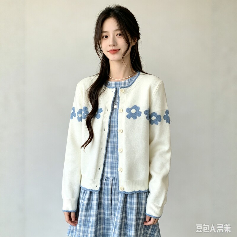 Sweet White Jacquard Knitted Cardigan for Women, New Spring Style, Versatile and Soft, Lazy Style Round Neck Sweater