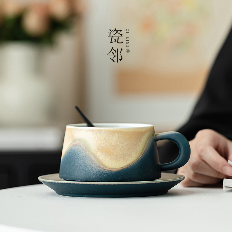 Porcelain Neighbor Mountain Blue Coffee Cup with Unique Design, Niche Underglaze Color, Handmade Ceramic, High Aesthetic Value, with Saucer for Latte Art