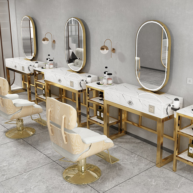 Beauty Hair Shop Mirror Single Face With Lamp Hairdressers Marble Cabinet Marble Cabinet Integrated Double-sided Bronzing Table Hair Salon Hair Cut Special-Taobao