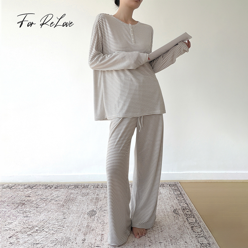 Forrelove Striped Lazy High-End Pajamas for Women with Hollow Jacquard Breathable Long Sleeves and Long Pants Autumn Loungewear