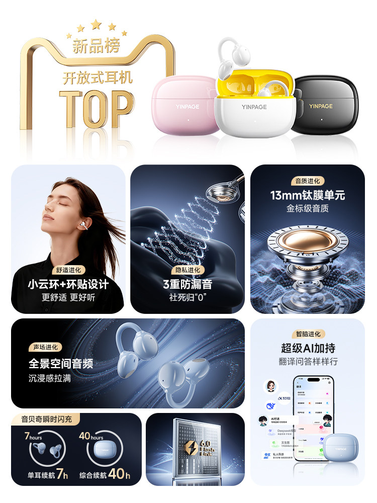 Yinbeiqi Cliplite Ear Clip Bluetooth Headphones 2025 New Model Ai Translation Open-Type Air Conduction Sports