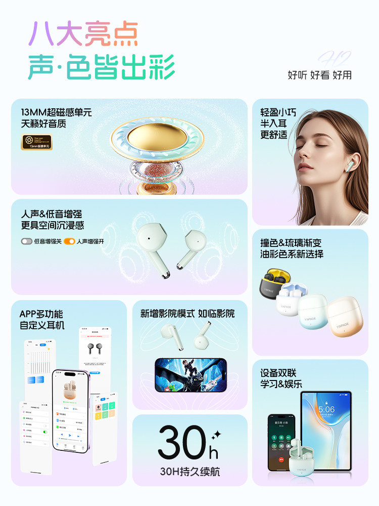 Yinbeiqi H2 Semi-In-Ear Bluetooth Headphones for Men, Noise-Cancelling, Wireless, Sports, High-Quality, Long Battery Life, 2026 New Model for Women