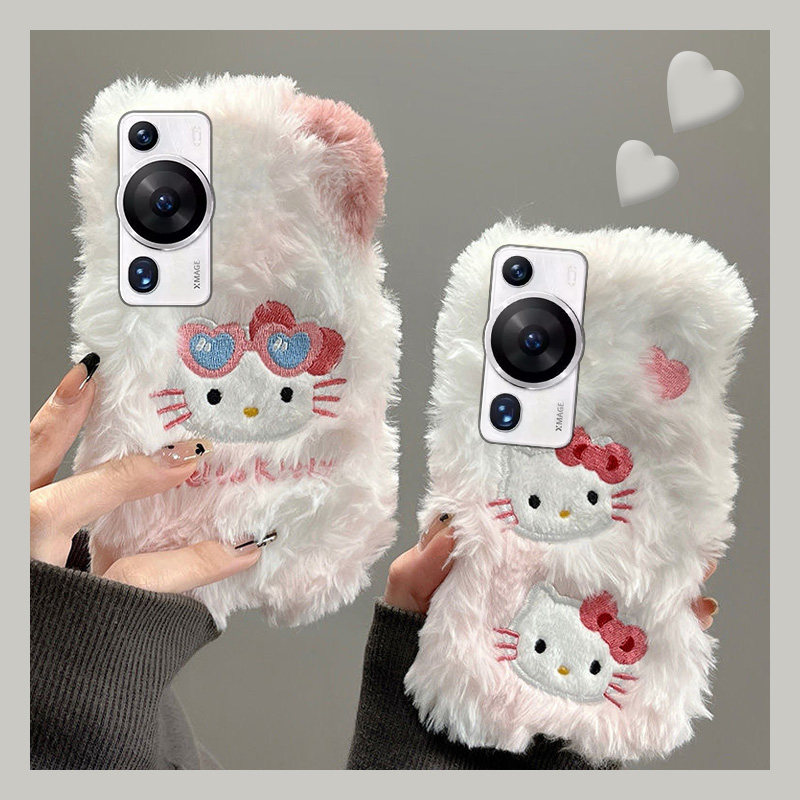 Fluffy Embroidered Kt Cat Phone Case Suitable for Huawei Enjoy 70, Enjoy 70 Pro, Plush Hello Kitty Cartoon, Cute Winter Fun, Super Adorable, Personalized Creative Anime, Girly Style, Shockproof