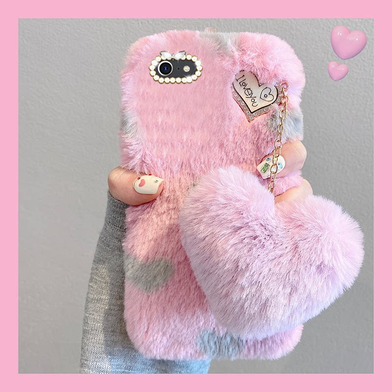 Fluffy Pink Heart Pendant Suitable for Apple X Phone Case iPhone 8 Plus Furry Xr Japanese and Korean Style XS Max Girly 7 Personalized 6S Simple 5 Trendy 4 Autumn and Winter Furry Se2 Niche 3