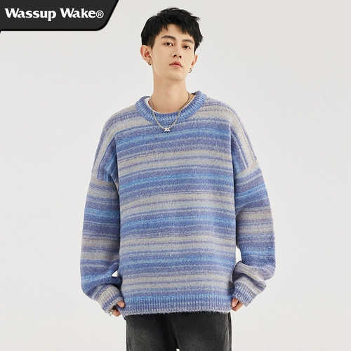 Ретро демисезонный трикотажный свитер, в американском стиле, градиент, оверсайз