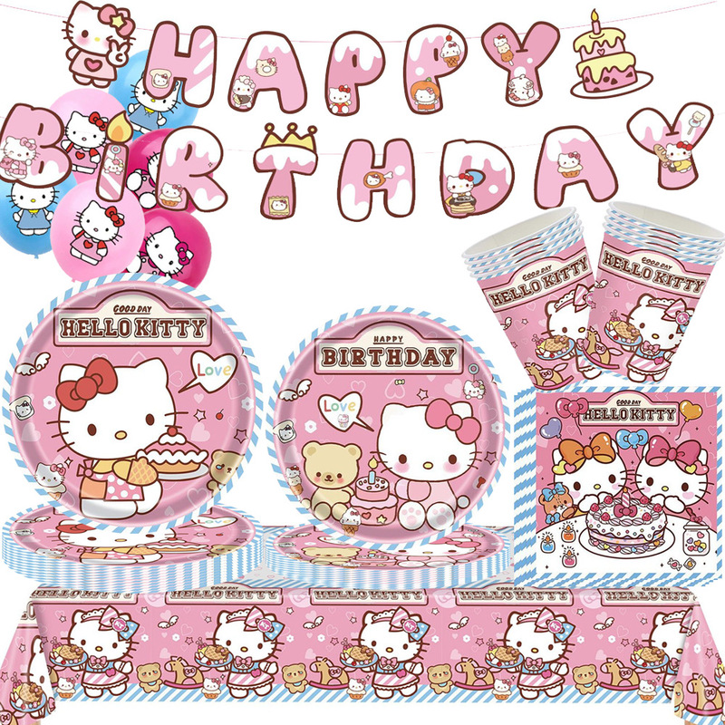 New Cartoon Pink Hellokitty Cat Birthday Party Decoration Paper Plates Tablecloth Flag Tableware Supplies Arrangement