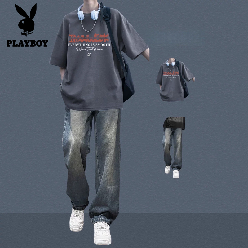 Playboy Youth American Style Pure Cotton Short-Sleeve T-Shirt Boys Outfit Set ins High Street Jeans Two-Piece Set Playboy Youth American Style Pure Cotton Short-Sleeve T-Shirt Boys Outfit Set ins High Street Jeans Two-Piece Set