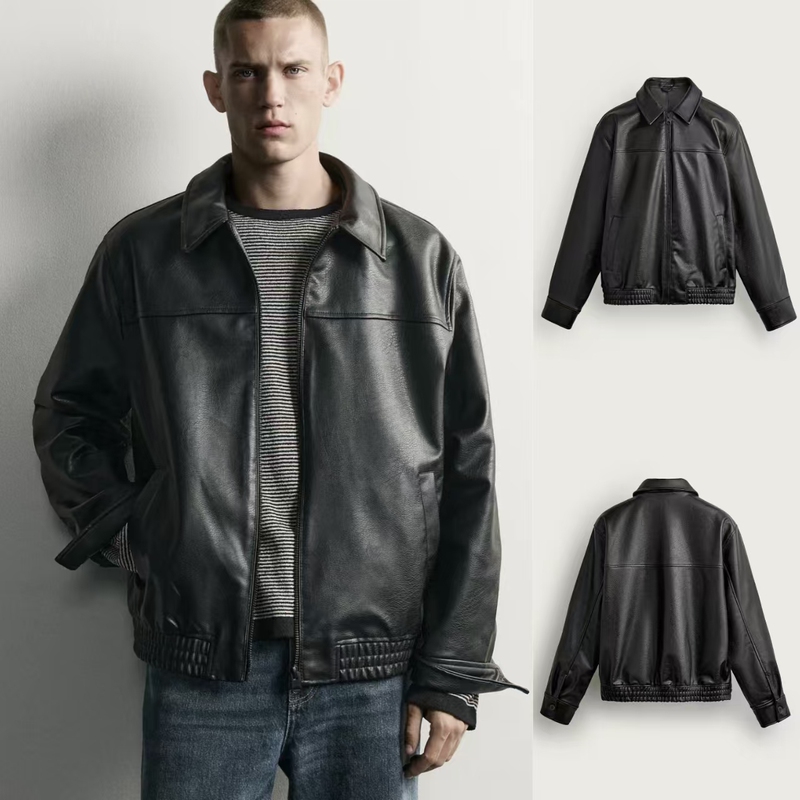 2026 Early Autumn New Men's Casual Loose Leather-Effect Zipper Jacket Leather Coat 4027800 800