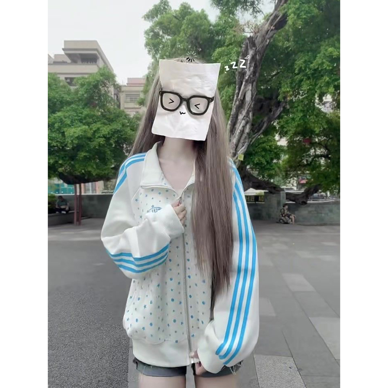 American Retro Letter Embroider Polka Dot All-Over Printed Stand-Up Collar Sweatshirt for Women Autum Preppy Style Casual Jacket Cardigan Jacket