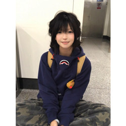 American High Street Style Shark Mouth Embroidered Hoodie for Women, Autumn and Winter Design, Couple Trendy Brand Aerospace Collar Hoodie Jacket