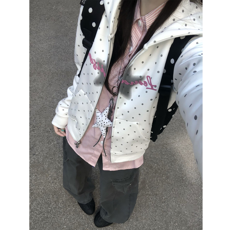American-Style Trendy Polka Dot Star Letter Cardigan Hooded Sweatshirt for Women, Spring and Autumn Slim-Fit Design Zipper Jacket