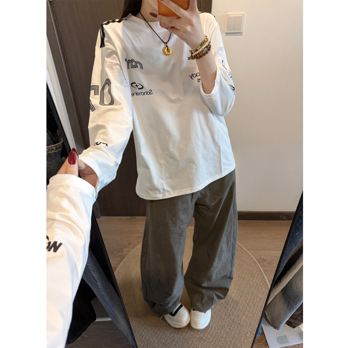 美式街头风赛车字母条纹长袖T恤女秋季宽松情侣运动休闲百搭上衣