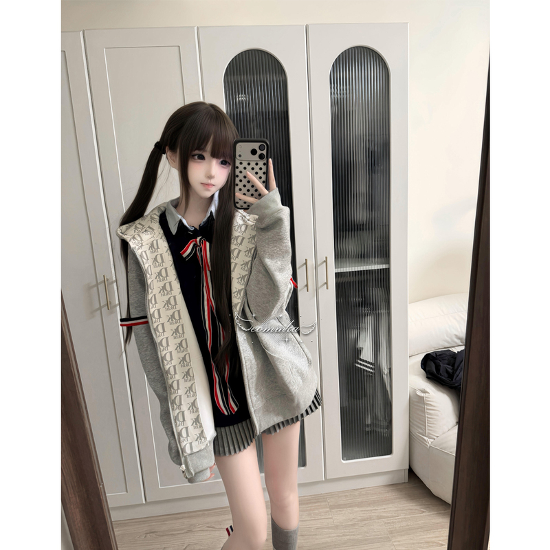 American Retro Double-Sleeve Webbing Letter Print Hooded Cardigan Sweatshirt for Women, Autumn Fake Two-Piece Patchwork Loose Jacket