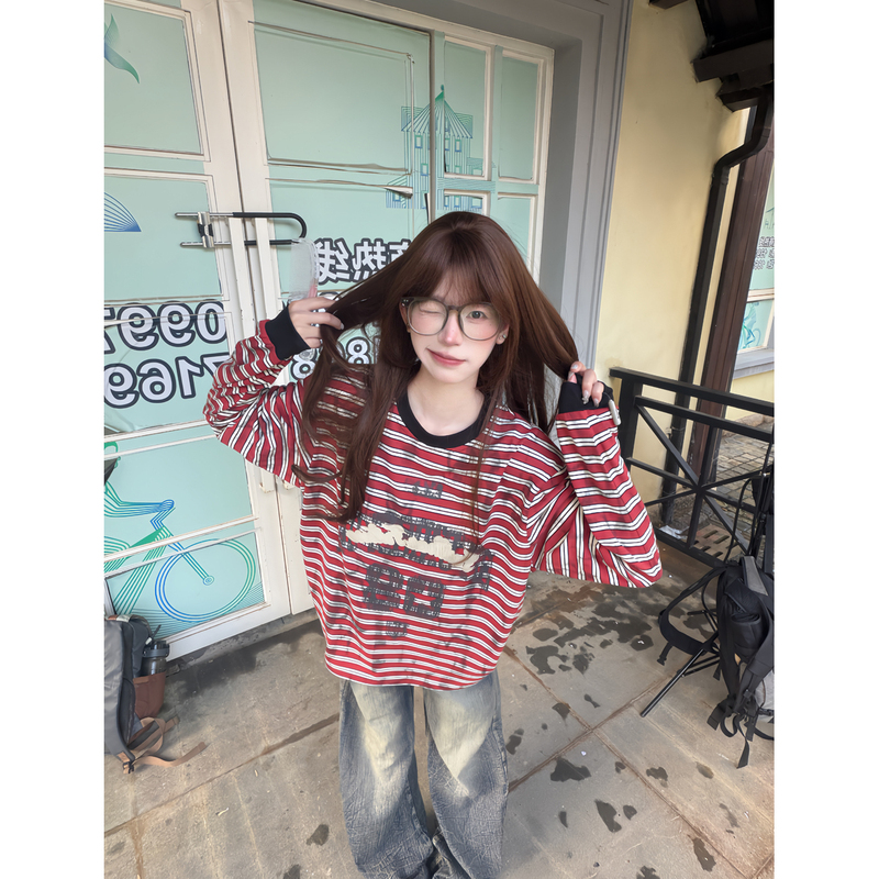 American Retro Color-Block Striped Crew Neck Long-Sleeve T-Shirt for Women, Spring and Autumn Design, Street Style Color-Block Vintage Print Top