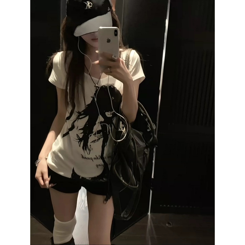 American Punk Y2K Hot Girl White Printed Short-Sleeved T-Shirt for Women in Summer, Slim Fit, Versatile V-Neck Right Shoulder Top American Punk Y2K Hot Girl White Printed Short-Sleeved T-Shirt for Women in Summer, Slim Fit, Versatile V-Neck Right Shoulder Top