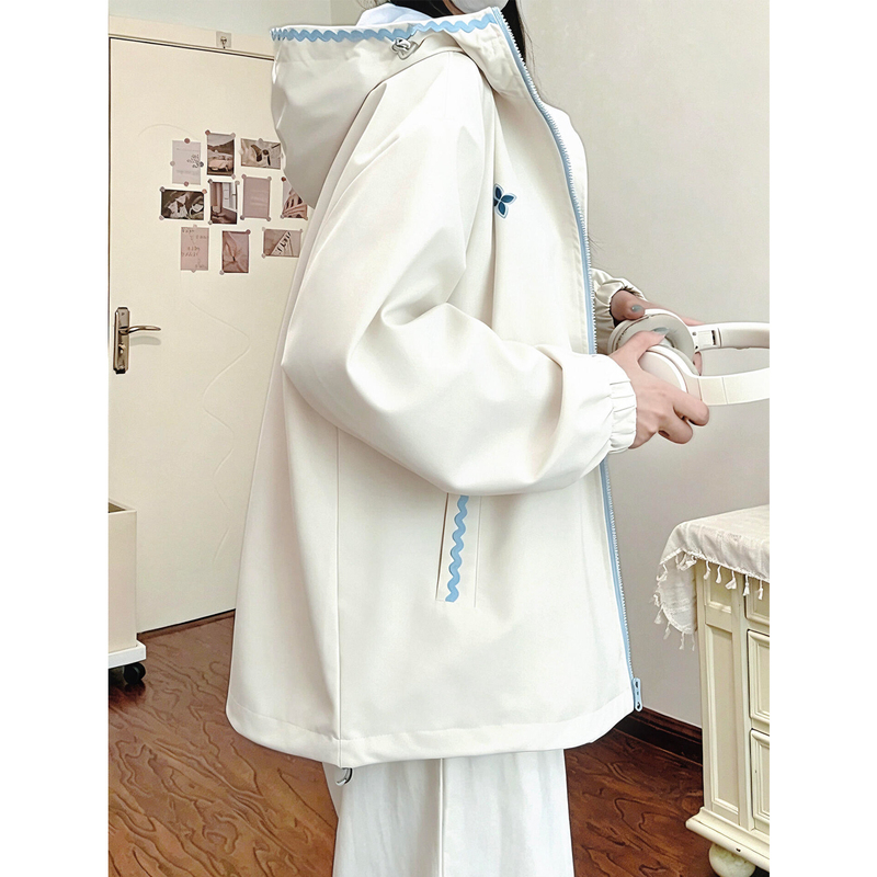 American Retro Color-Blocked Shell Embroidery Hooded Sports Jacket for Women, Spring and Autumn Casual Workwear Jacket Top