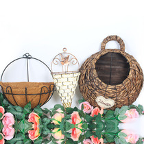 Simulated flower large bamboo basket wall hanging iron flower basket rattan wall hanging interior decoration flower basket