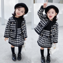Girls autumn clothes Western style small fragrance suit skirt 2022 new Korean version of the childrens plaid woolen coat skirt