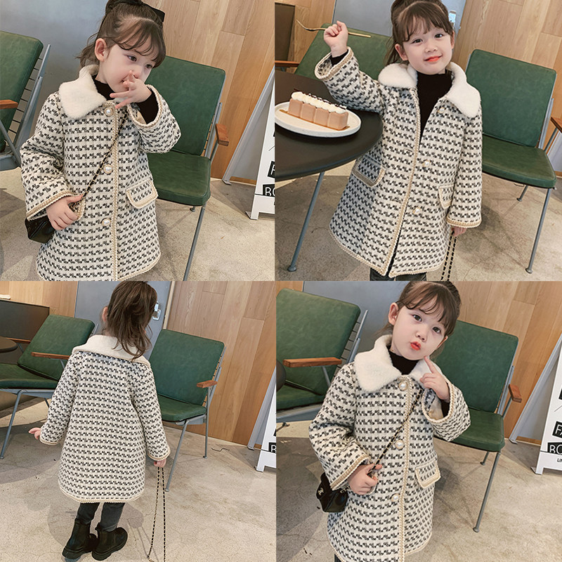 Girls winter thickened mid-length woolen coat new Korean version girl children's cotton houndstooth plaid coat