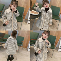 Girls winter thickened mid-length woolen coat new Korean version girl childrens cotton houndstooth plaid coat