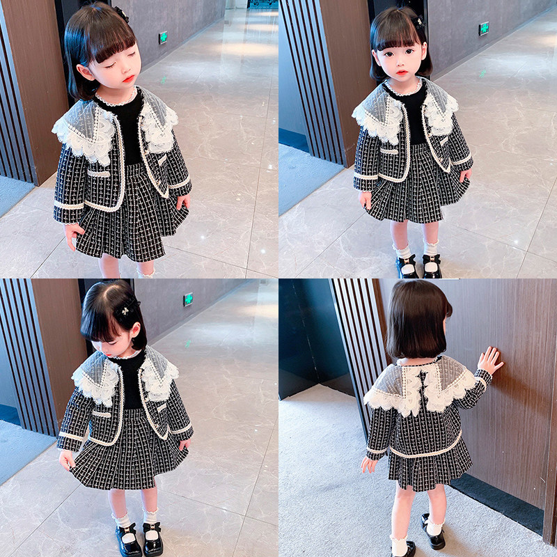 Girls autumn and winter long-sleeved small fragrance suit skirt fashionable foreign style little girl children's Korean version trendy plaid skirt warm
