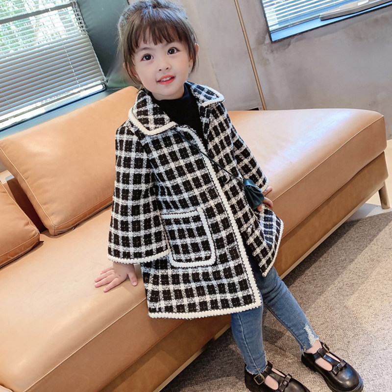 Girl's autumn winter plus cotton medium long version of small fragrant wind Children's great clothes Children Korean version thickened plaid fur coat winter