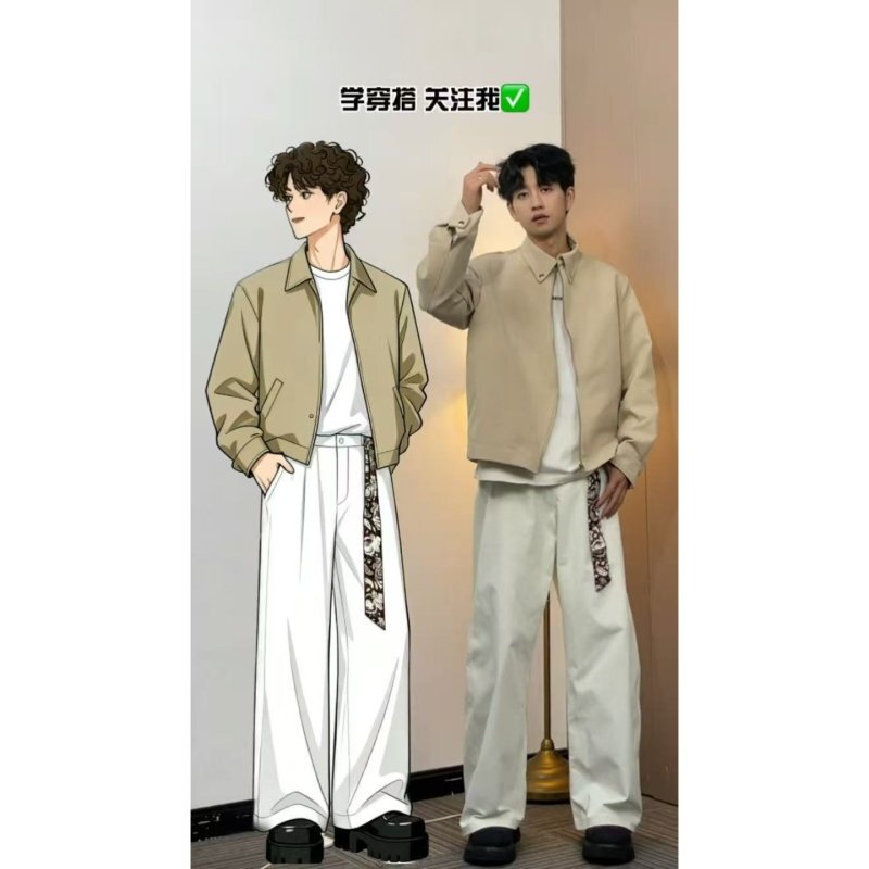 Nobita's Little Man Style Outfit Diary 270g Cotton-Like Fabric 2025 Loose Old Money Style Scimitar with Silk Scarf Casual Pants