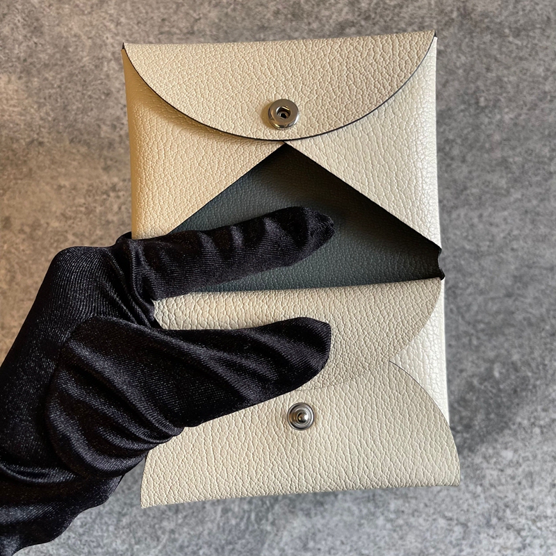 Genuine Leather Card Holder Duo Practical Business Card Holder Foldable Coin Purse Milkshake White with Almond Green Goatskin