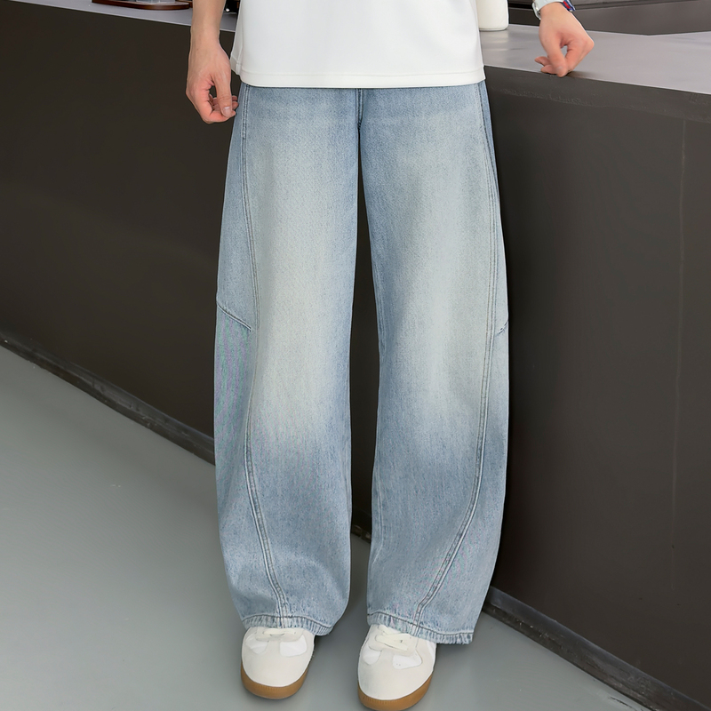 Blue Pleated High-Waisted Washed Denim Straight-Leg Pants with Whiskered Stone-Washed Finish and Curved Cut