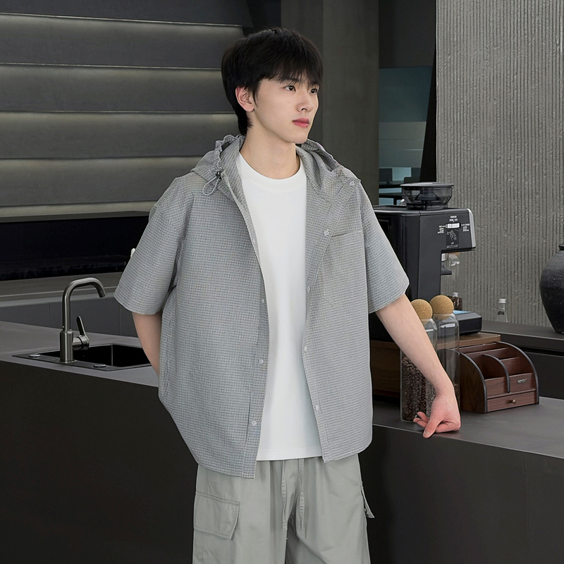 Summer Men's Short-Sleeved Casual Breathable Hong Kong Style Trendy Plaid Lazy Style Hooded Jacket