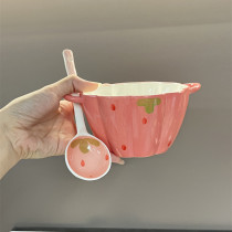 Strawberry cute childrens ceramic double-eared bowl household baby eating bowl anti-scalding steamed egg bowl salad bowl small bowl soup bowl