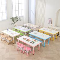 Fujian kindergarten table plastic rectangular childrens lifting learning table and chair set baby painting table can be painted