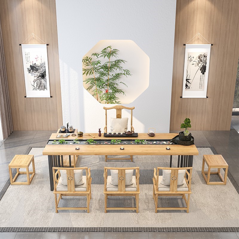 New Chinese Flowing Water Tea Table Chair Combined Log Kung Fu Tea A Few Zen Demeaning Modern Minimalist Office Solid Wood Tea Table