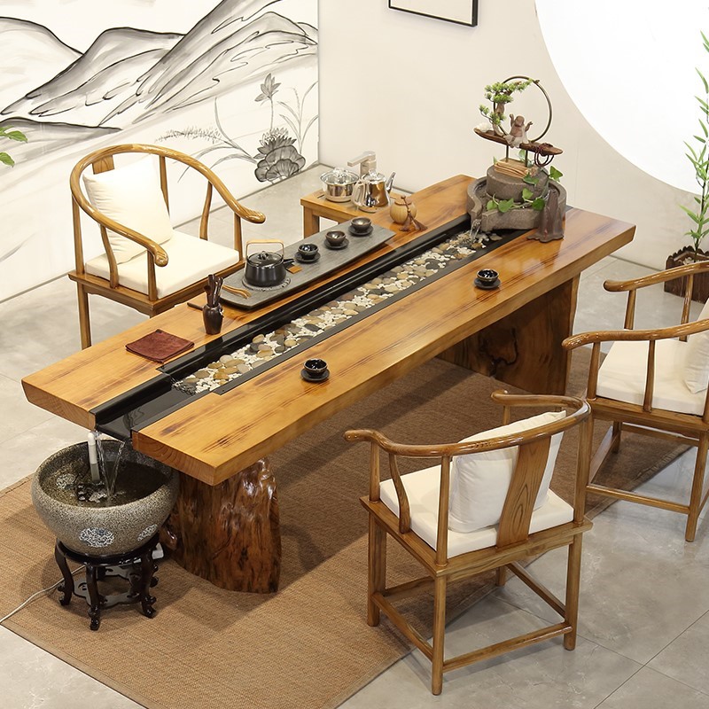 New Chinese Gongfu Tea Several log long table tea room Zen Flowing Water Bacon Fish Tea Terrace Landscape Creative Tea Table Chair Combination