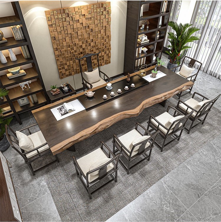 Log large board table office boss table solid wood coffee table tea table tea table and chair combination new Chinese kung fu tea table