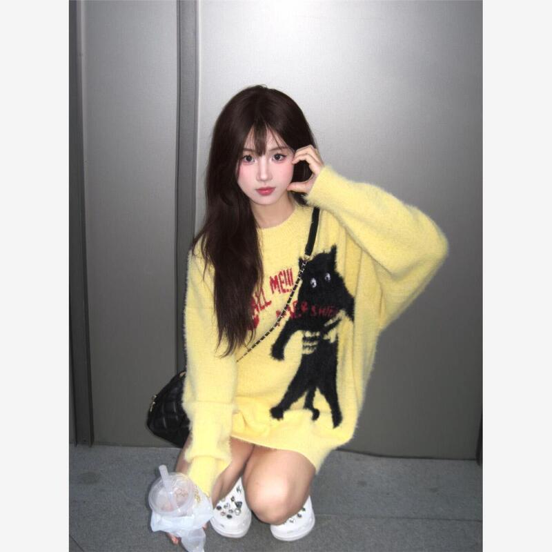 Y2K Cute Style Fluffy Cartoon Cat Jacquard Sweater for Female Students, Autumn and Winter Trendy Yabi Culture Stylish Knitwear