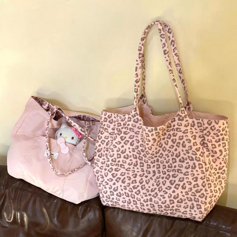 Korean-Style Pink Leopard Print Canvas Tote Bag for Women 2026 New Trendy Versatile Large-Capacity Daily Commute Shoulder Bag