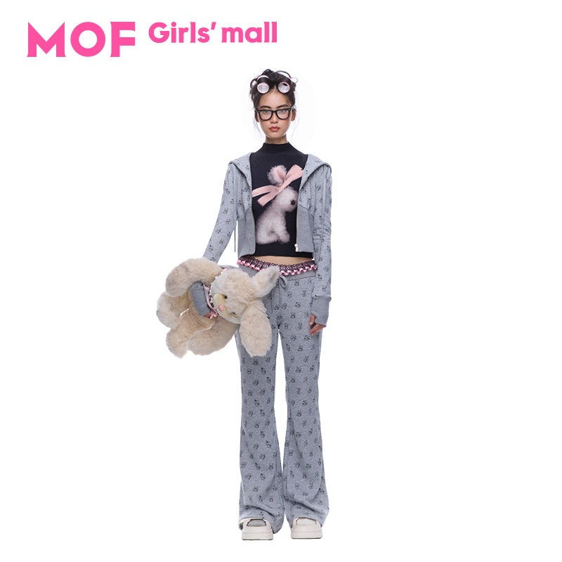 Mof Girl's Department Store Gray Cute Sweet Cool Knife-Wielding Kitten Zipper Hoodie Flared Versatile Casual Pants Set