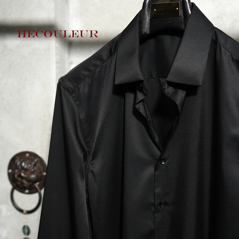 Hecouleur Light Luxury Mercerized High-End Dark Black Wrinkle-Resistant Long-Sleeve Shirt with Pointed Collar, Slim Fit for Gentlemen, Business Men Hecouleur Light Luxury Mercerized High-End Dark Black Wrinkle-Resistant Long-Sleeve Shirt with Pointed Collar, Slim Fit for Gentlemen, Business Men