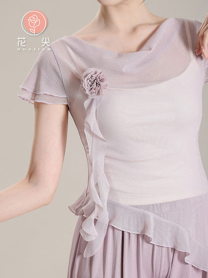 꽃 팁 클래식 댄스 옷 바디 라임 목 꽃 메쉬 톱 중국 댄스 현대 댄스 바디 연습 의류 거즈 옷