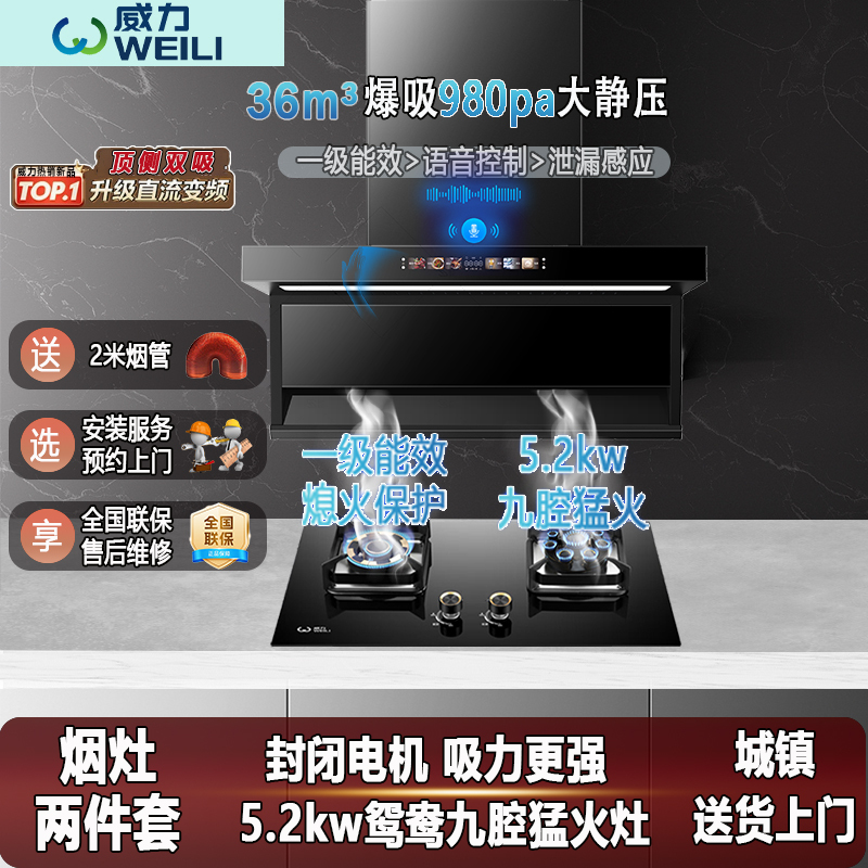 Powerful Suction Range Hood and Gas Stove Set, First-Class Energy Efficiency, New Model, Top-Rated Dual Suction, Voice Smart Control