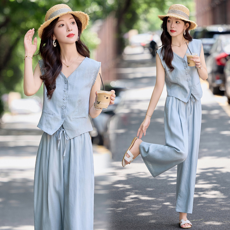 European Style Trendy Old Money Style Sleeveless Top and Wide-Leg Pants Summer New Women's Fashion Youthful High-End Vest Two-Piece Set